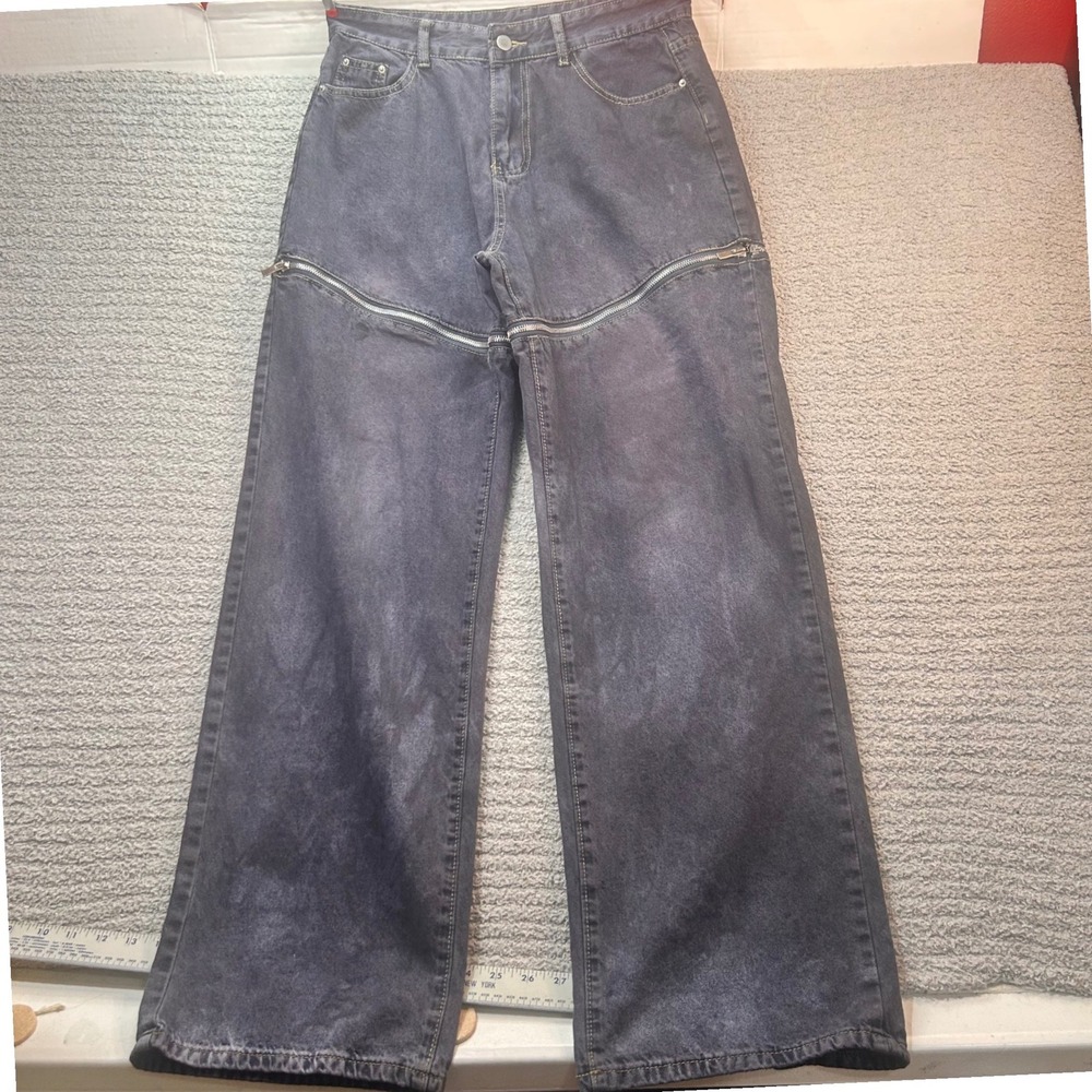 Romwe‎ Zipper Wide Leg Jeans Acid Wash Black L Streetwear Grunge Alt Cyber Y2K